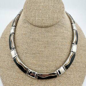 Vintage Avant Garde Wavy Black Gold Silver Tone Collar Necklace Bold Edgy Retro